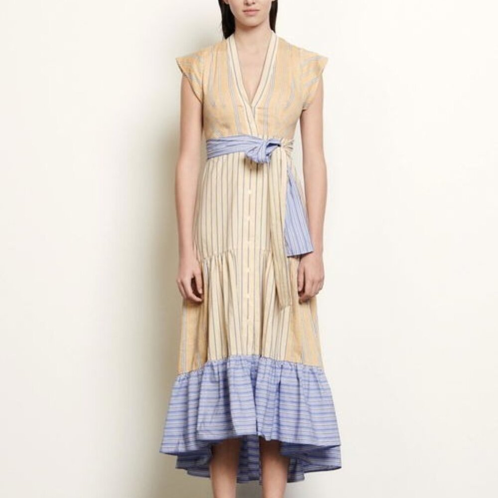 Sandro Rosanda Paneled Striped Linen Blend Midi Dress Size 4 - Picture 1 of 2